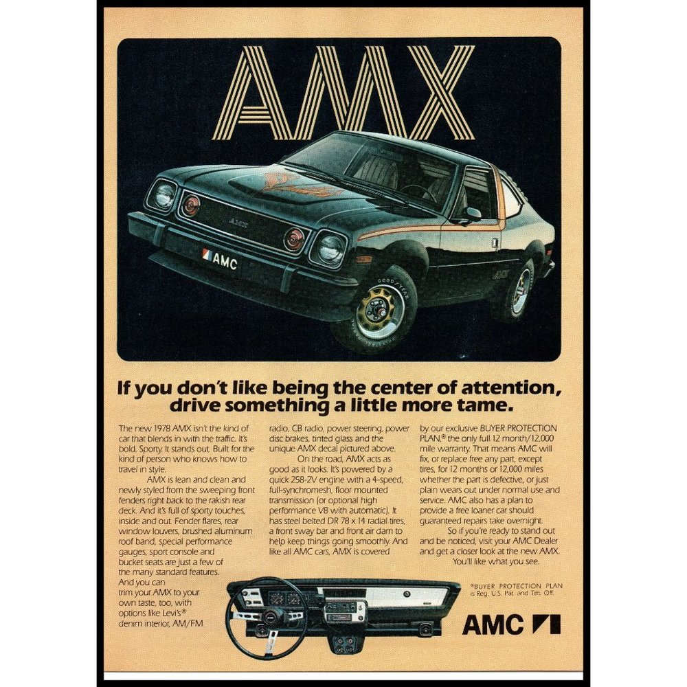 1978 American Motors AMC AMX Sports Car Vintage Print Ad Classic 70s Wall Art